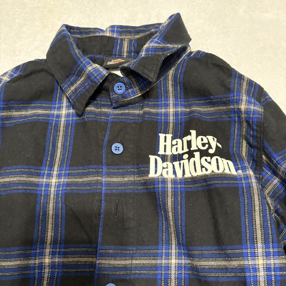 Boys Size 4/5 Harley Davidson Plaid Button Up Logo Black‎ Blue